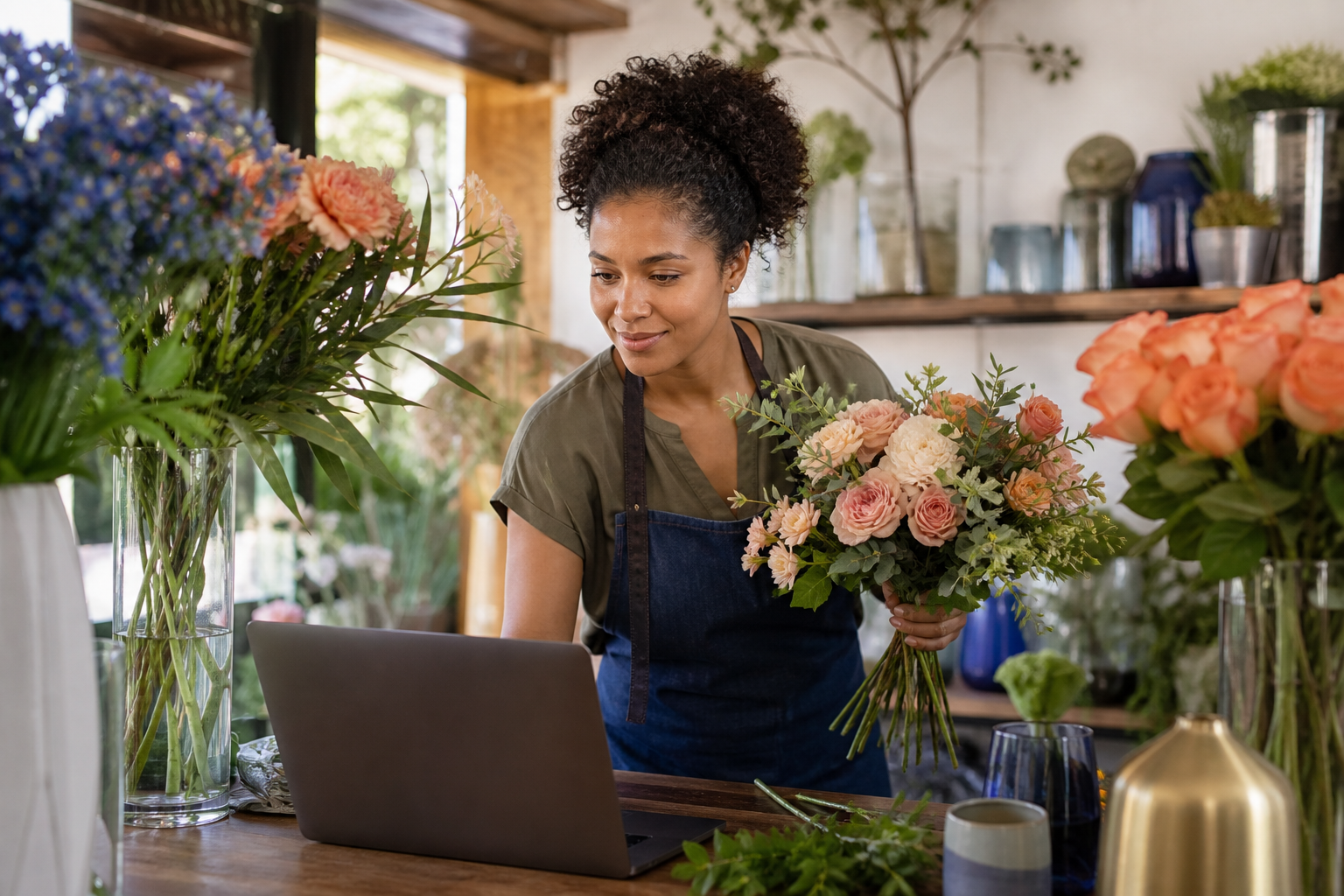 A florist in a warmly styled studio