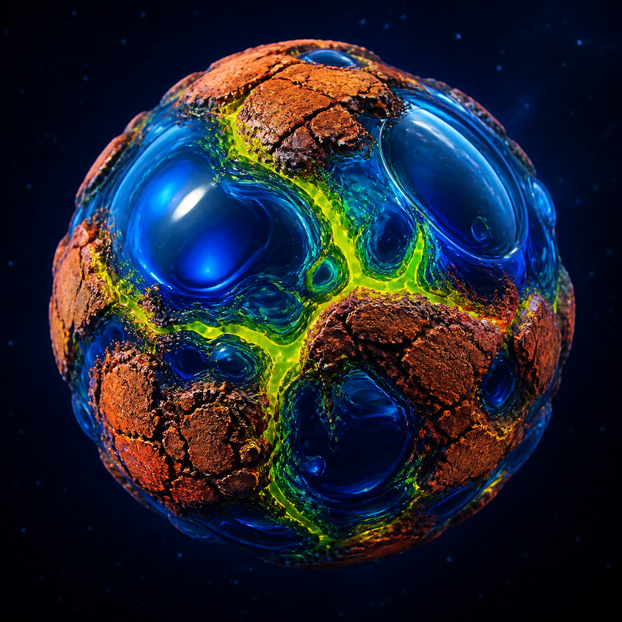 A cobalt, clay and chartreuse 3D sphere